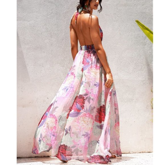 Stunning Floral Plunging Neck Backless Split Thigh Chiffon Maxi Dress - Picture 3 of 7
